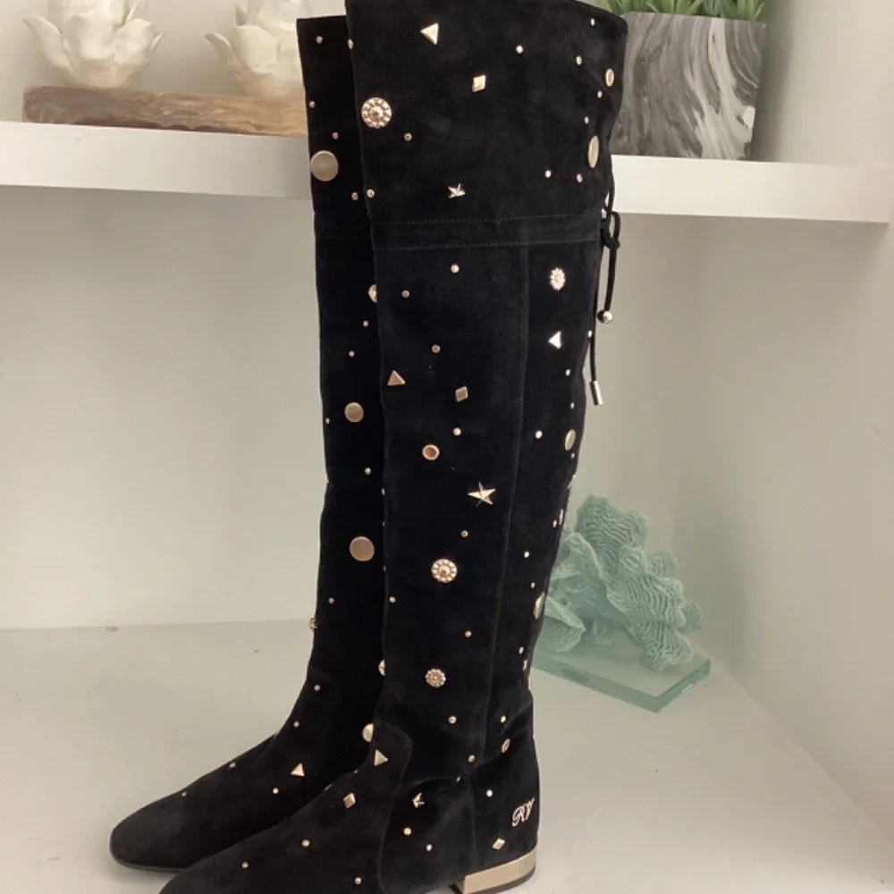 REDUCED ROGER VIVIER Embellished Studded Accent Black Suede OTK Boots Size 37 7